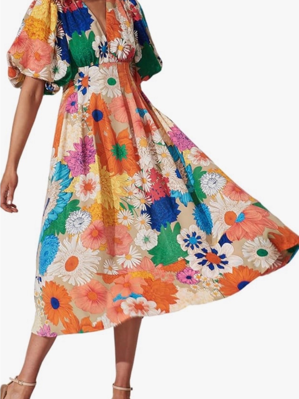 Vibrant Multi-Color Floral V-Neck Puff Sleeve Midi Dress